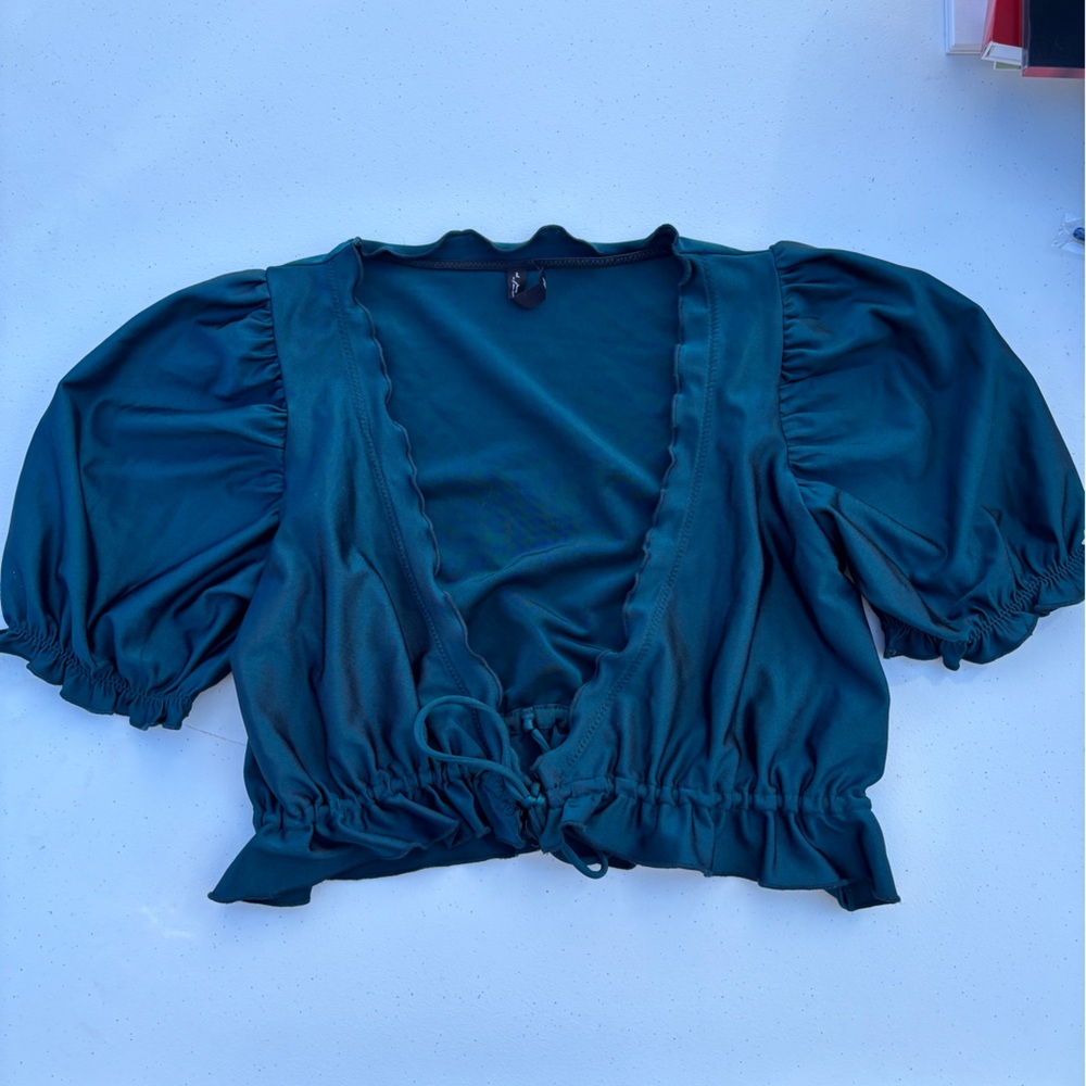 Out From Under Collection-Urban Outfitters Teal Puff-Sleeve V-Neck Blouse